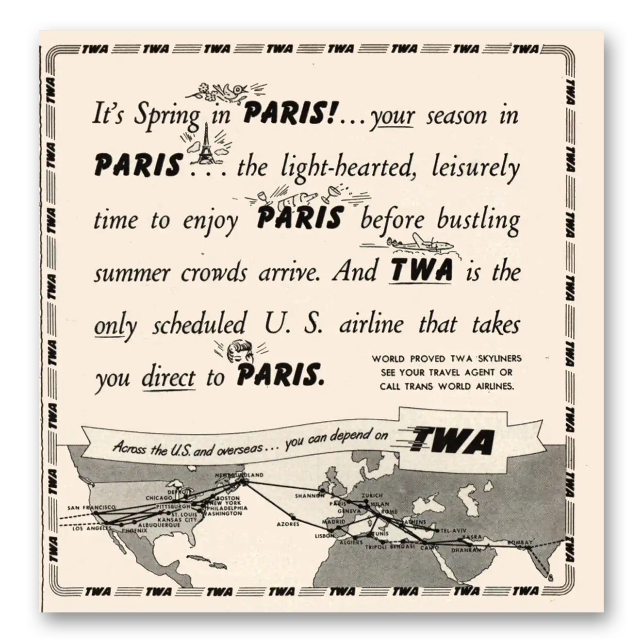 1950 TWA Airlines Spring In Paris Your Season In Paris Vintage Magazine Print Ad