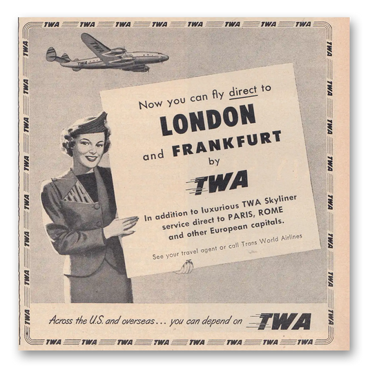 1950 TWA Airlines Fly Direct to London and Frankfurt Vintage Magazine Print Ad