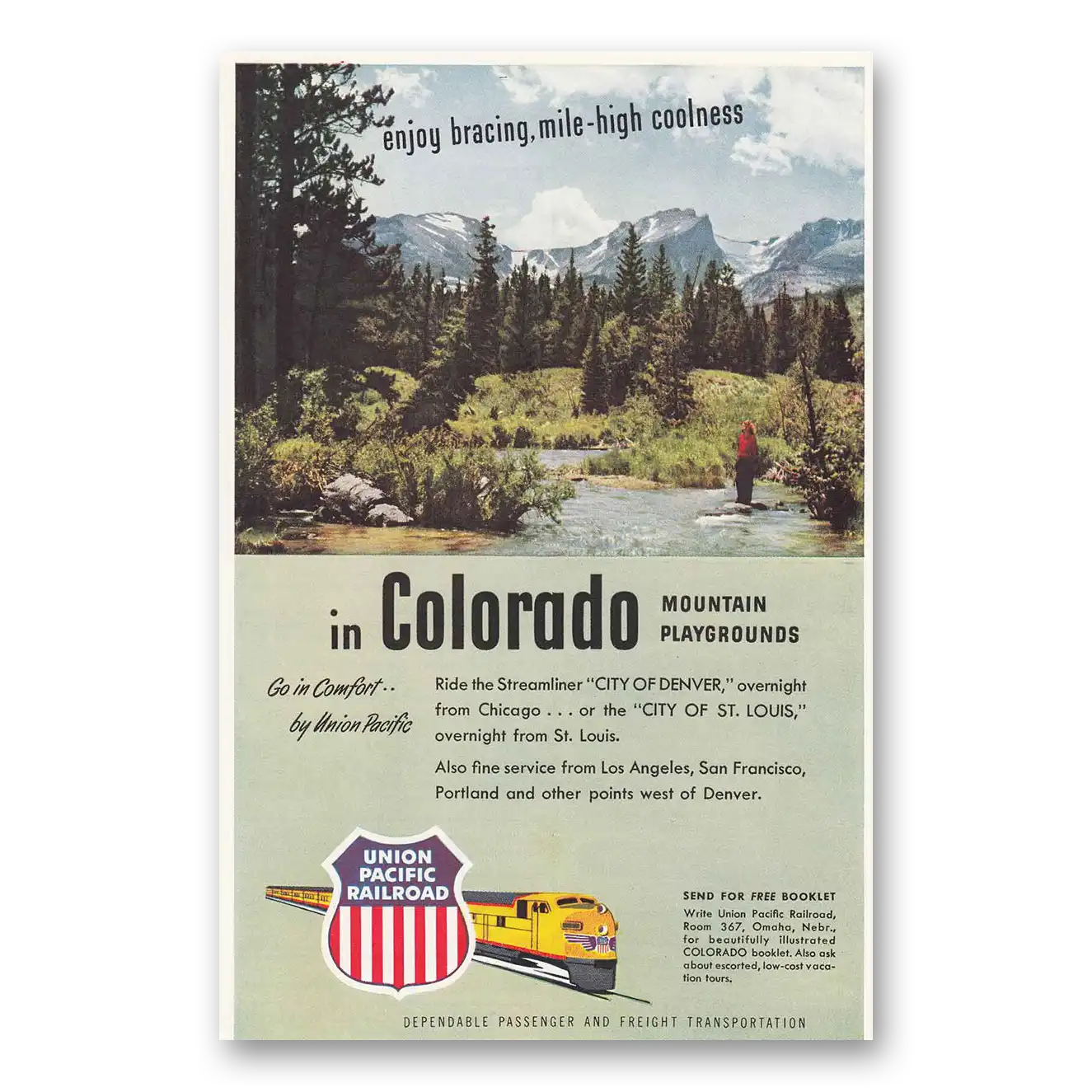 1950 Union Pacific Railroad Mile High Coolness Colorado Vintage Magazine Print Ad