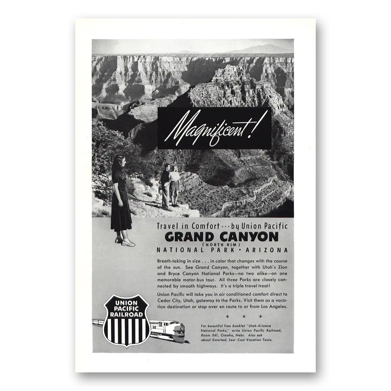 1950 Union Pacific Railroad Magnificent Grand Canyon Vintage Magazine Print Ad