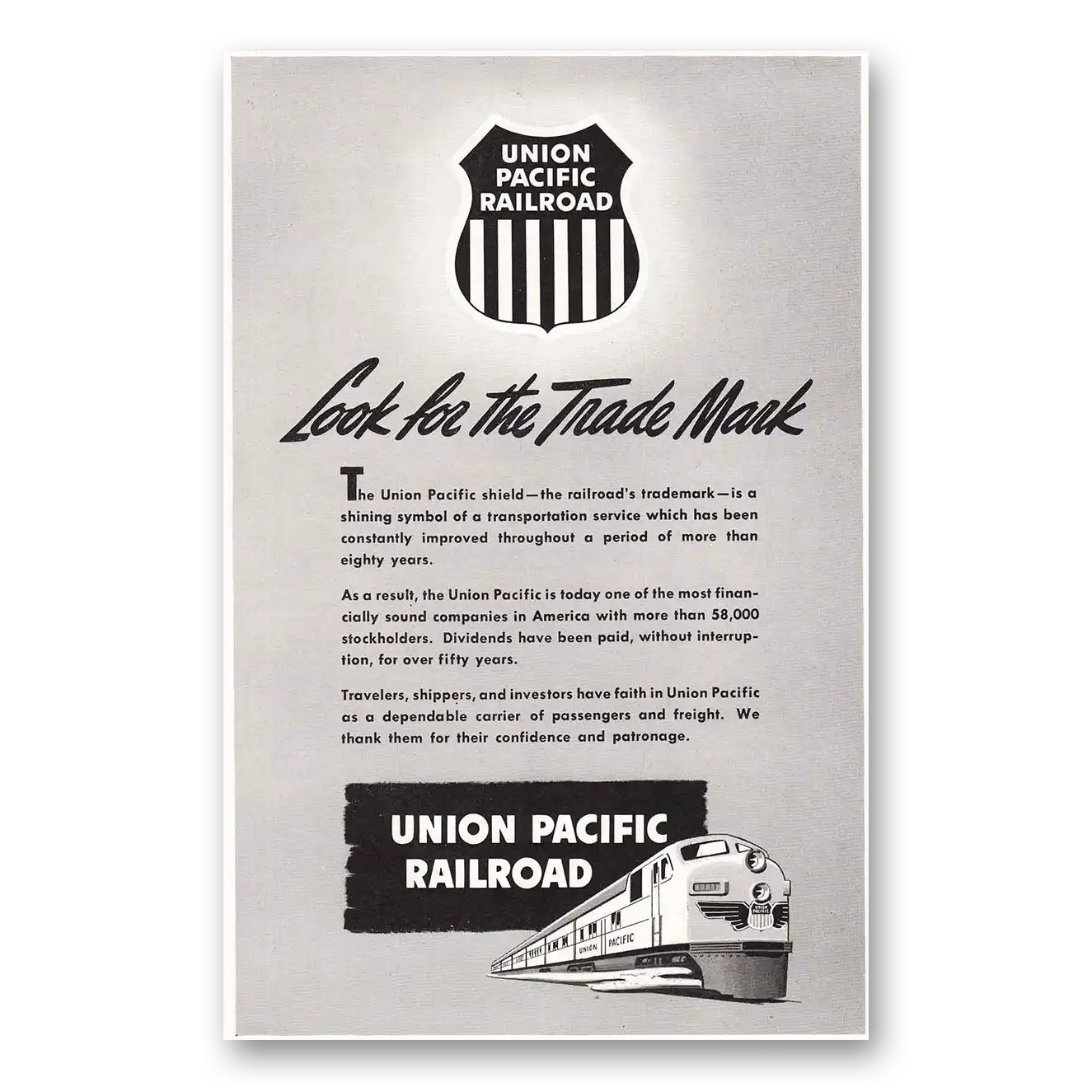 1950 Union Pacific Railroad Trade Mark Vintage Magazine Print Ad