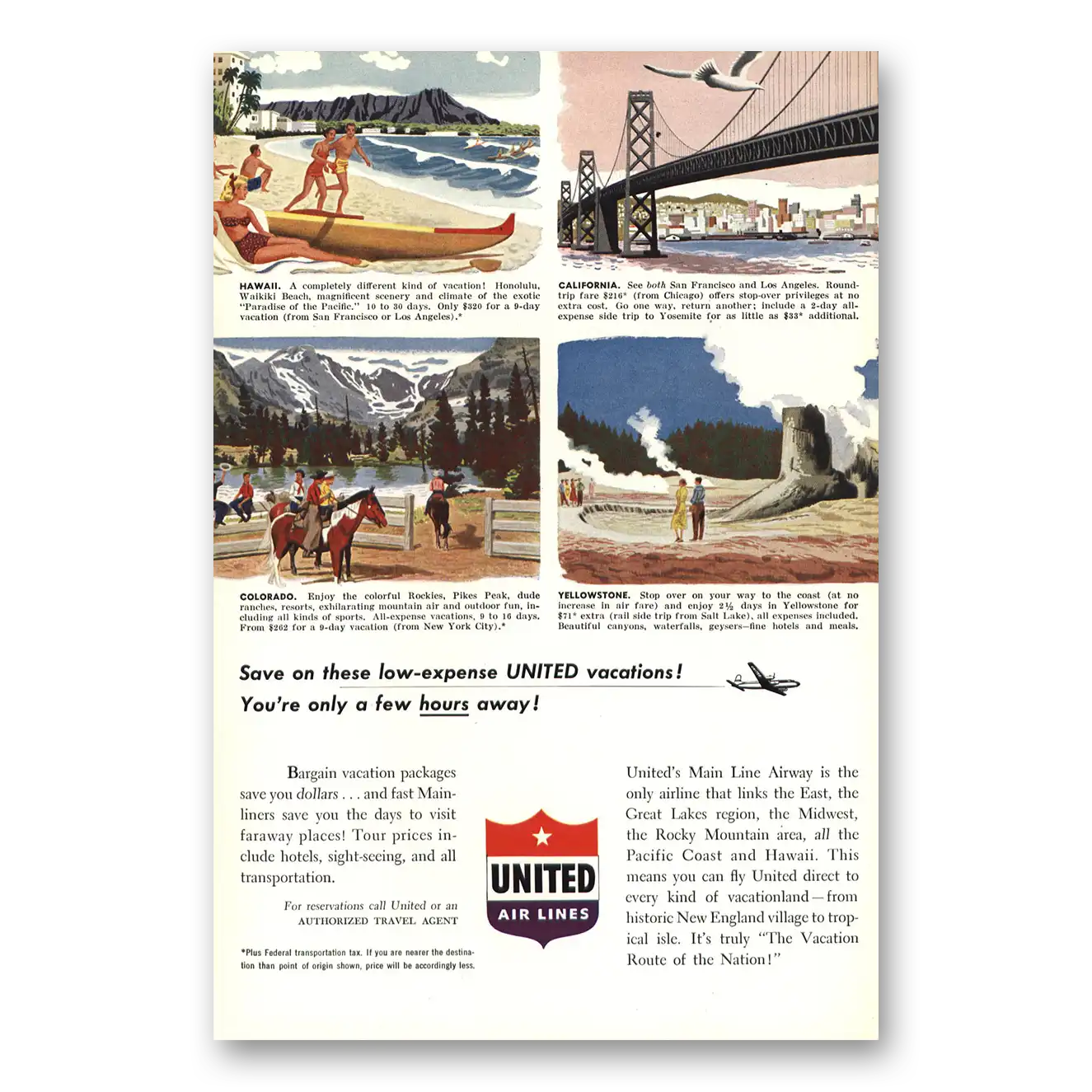 1950 United Airlines Low Expense United Vacations Vintage Magazine Print Ad