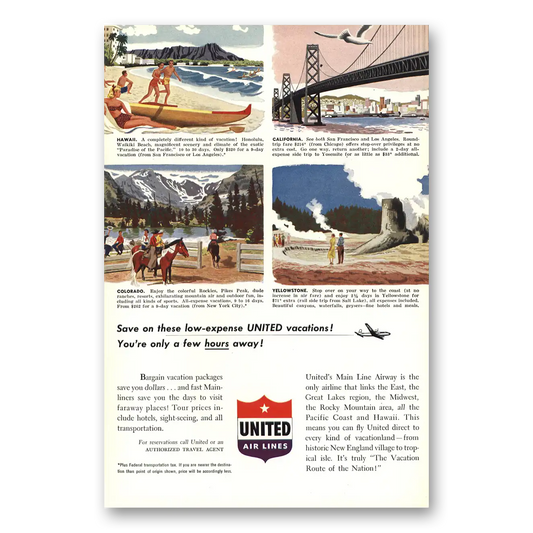 1950 United Airlines Low Expense United Vacations Vintage Magazine Print Ad