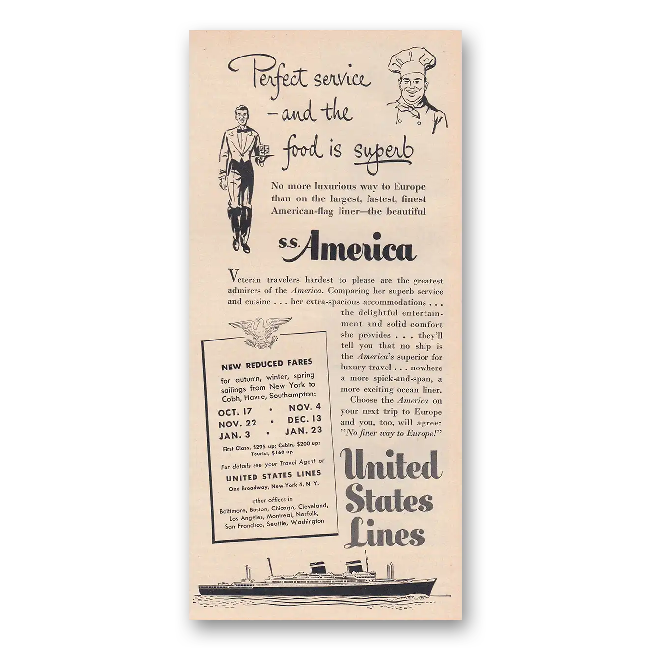 1950 United States Lines Perfect Service and the Food Is Superb Vintage Magazine Print Ad