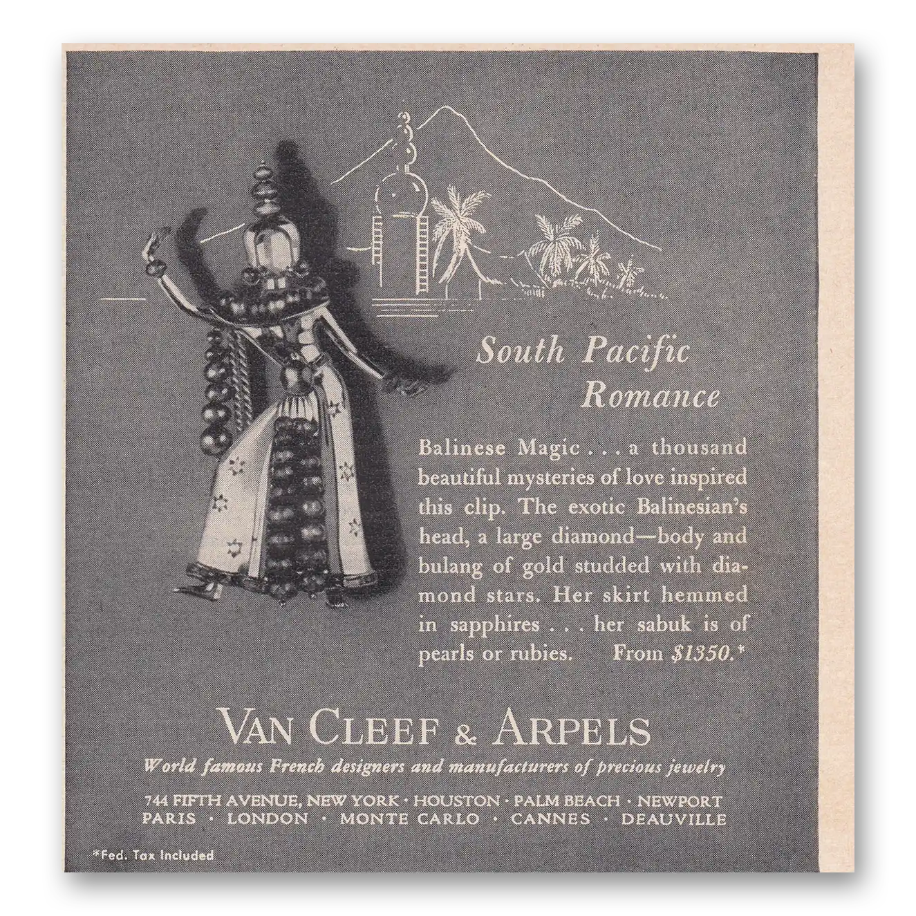 1950 Van Cleef & Arpels Jewelry South Pacific Romance Vintage Magazine Print Ad