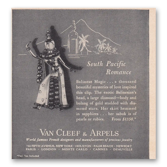 1950 Van Cleef & Arpels Jewelry South Pacific Romance Vintage Magazine Print Ad