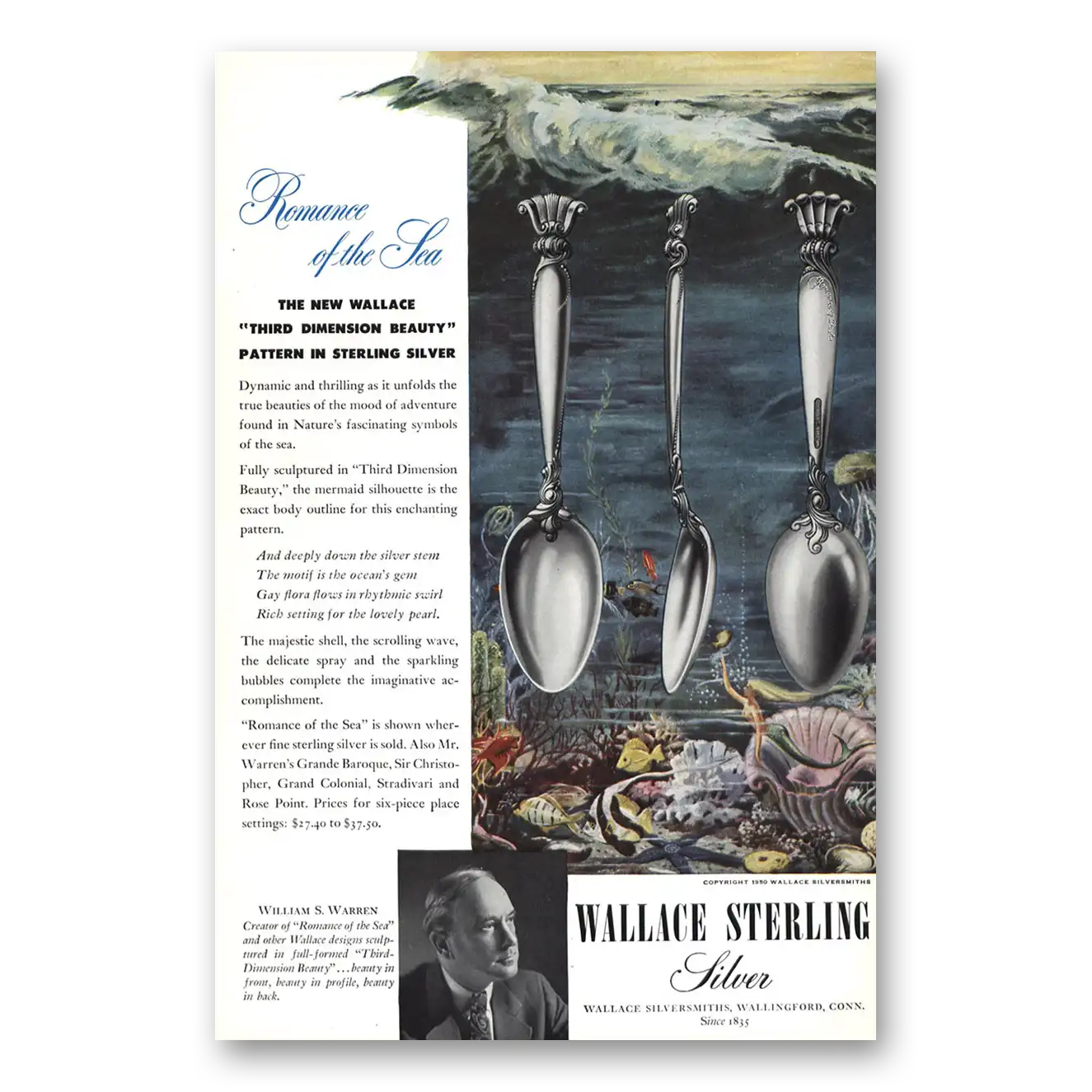 1950 Wallace Sterling Silver Romance of the Sea Vintage Magazine Print Ad