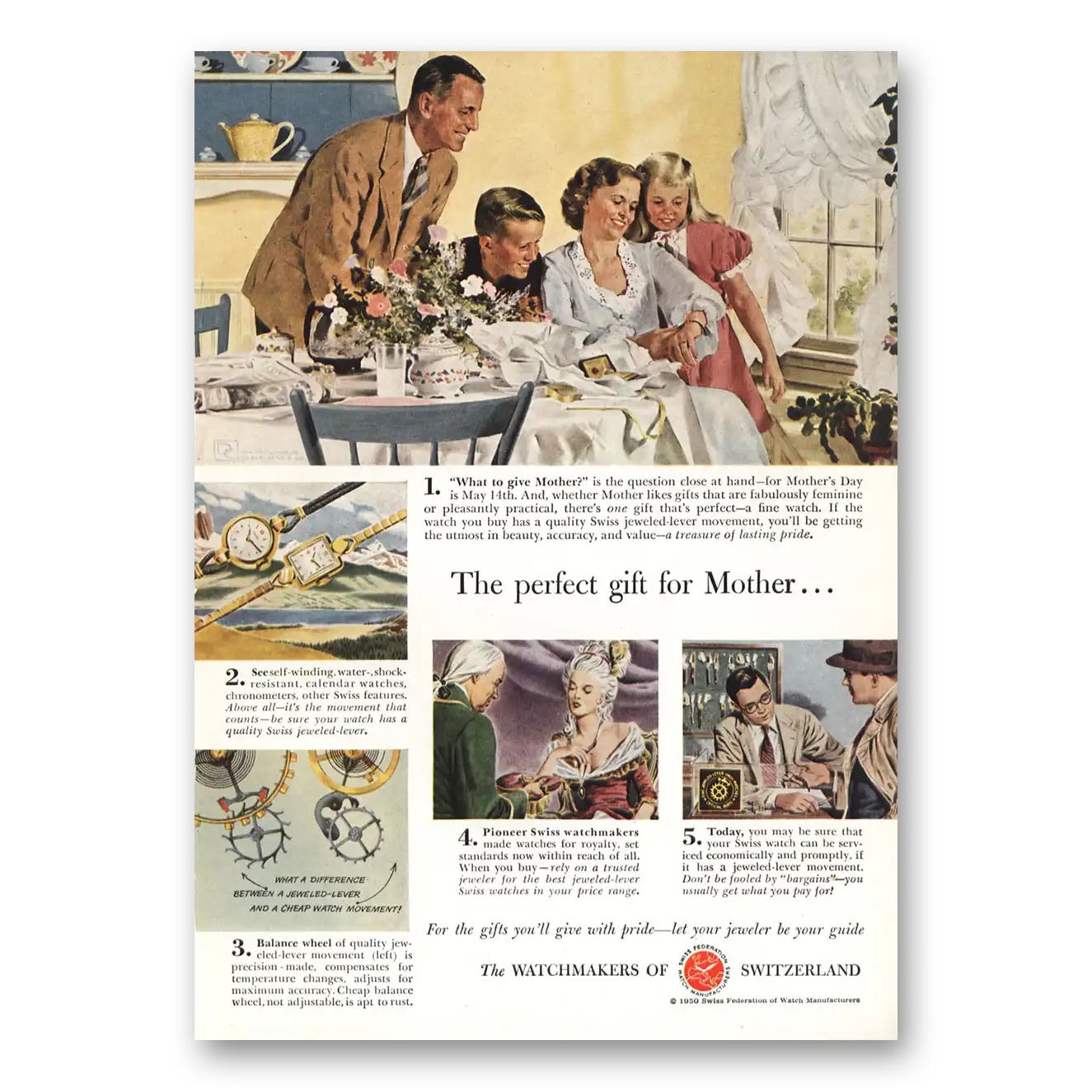 1950 Watchmakers of Switzerland Perfect Gift for Mother Vintage Magazine Print Ad