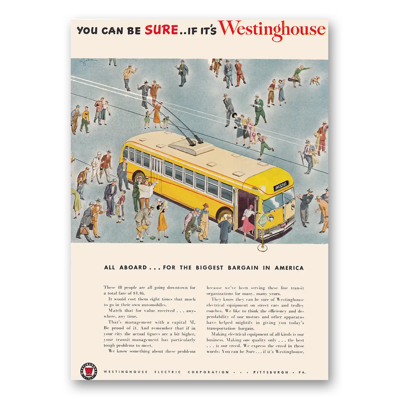 1950 Westinghouse All Aboard for the Biggest Bargain School Bus Vintage Magazine Print Ad