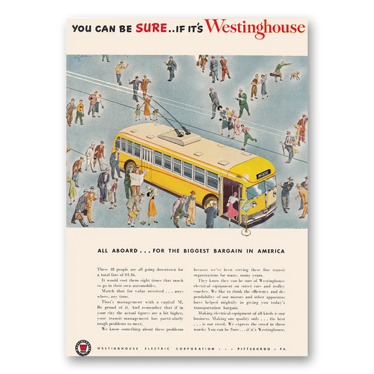 1950 Westinghouse All Aboard for the Biggest Bargain School Bus Vintage Magazine Print Ad