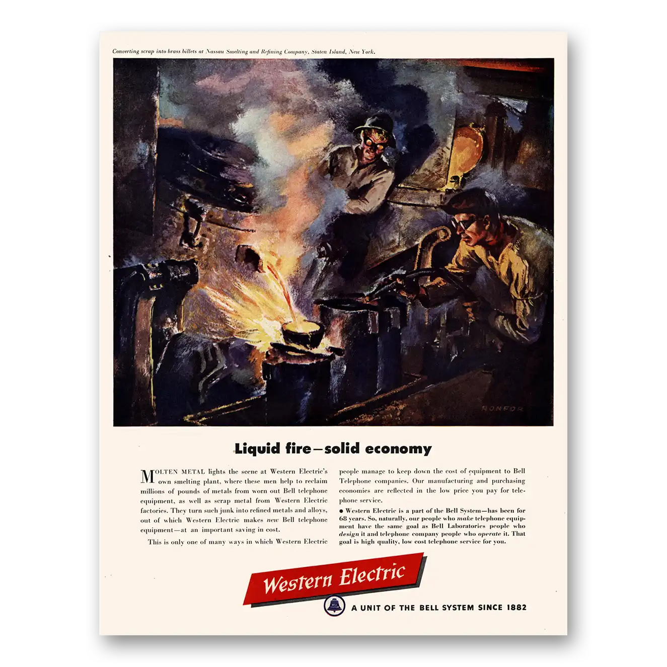 1950 Western Electric Liquid Fire Solid Economy Vintage Magazine Print Ad