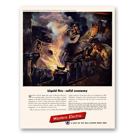 1950 Western Electric Liquid Fire Solid Economy Vintage Magazine Print Ad