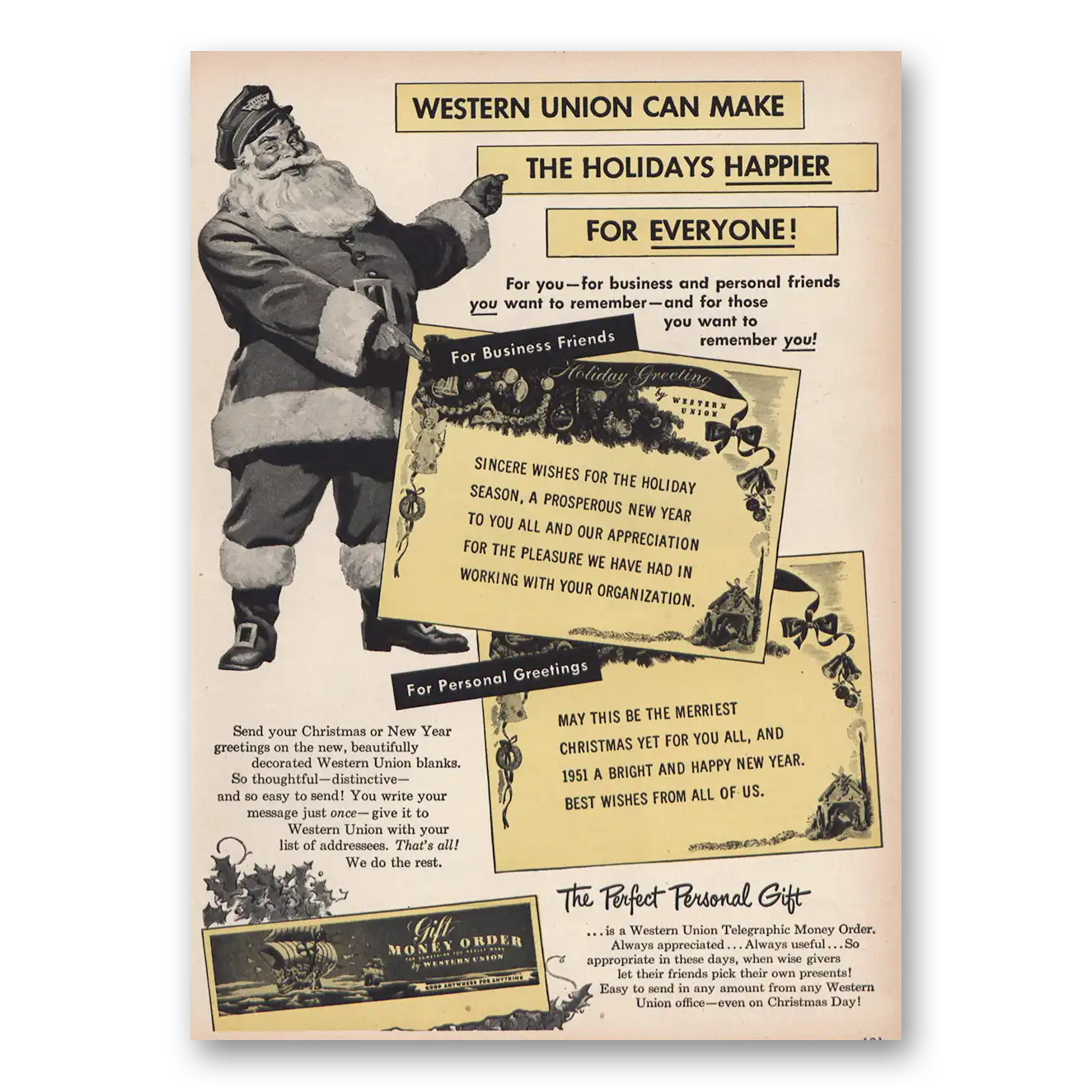 1950 Western Union Make Holidays Happier Money Order Vintage Magazine Print Ad