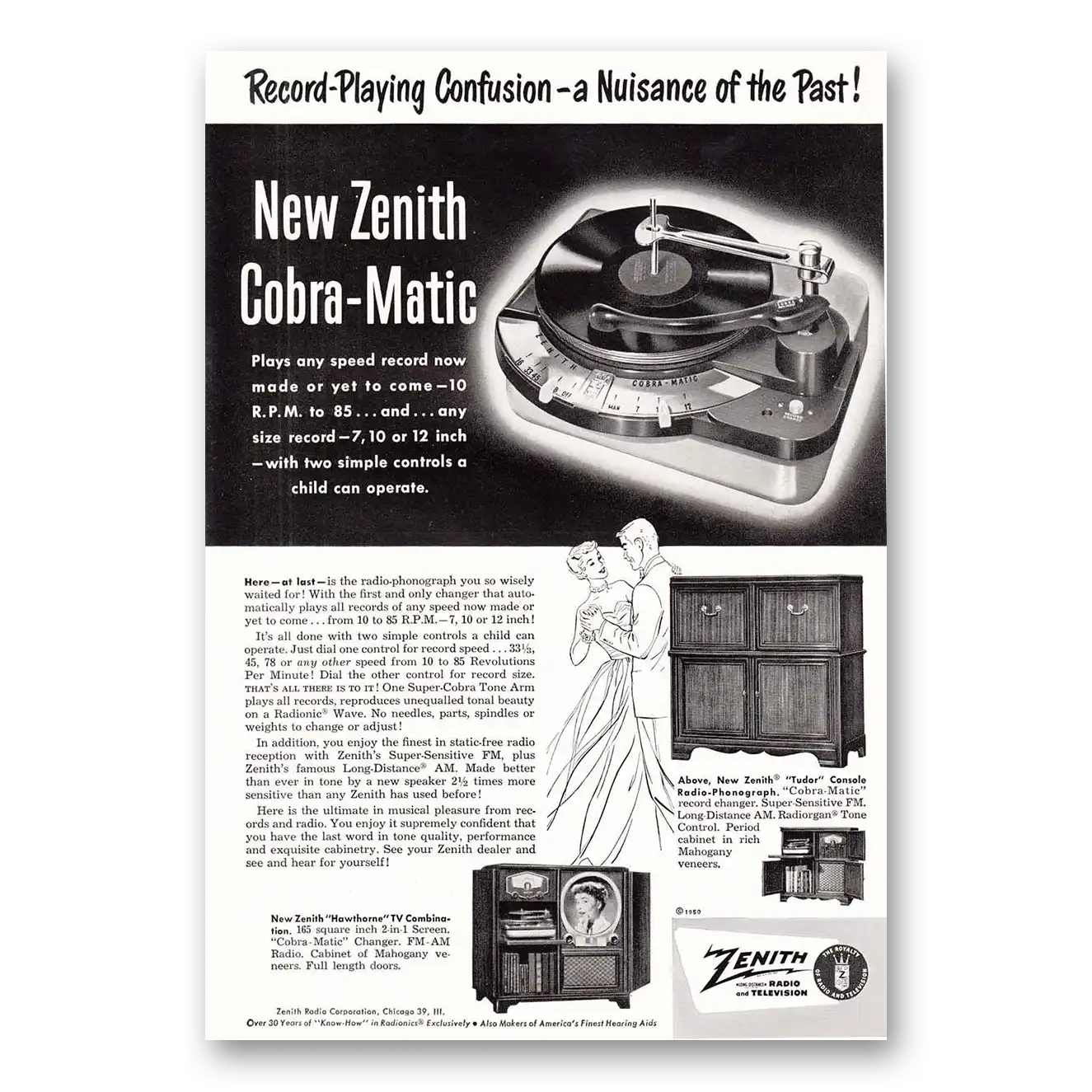 1950 Zenith Radio Record Playing Confusion Cobra Matic Vintage Magazine Print Ad