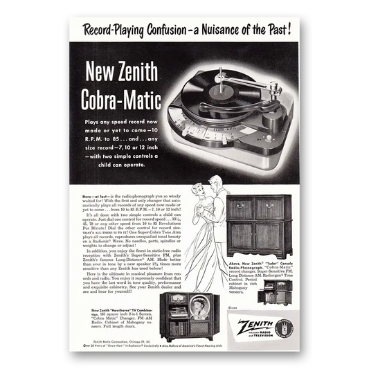 1950 Zenith Radio Record Playing Confusion Cobra Matic Vintage Magazine Print Ad