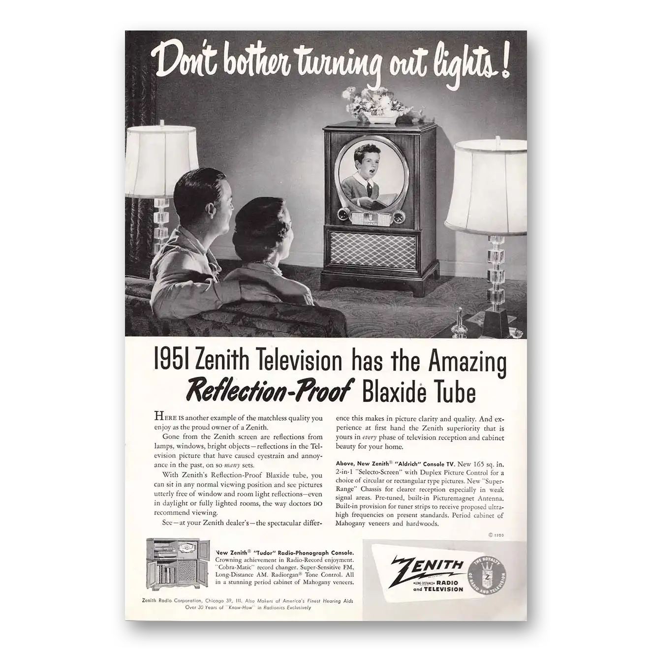 1950 Zenith Television Reflection Proof Blaxide Tube Vintage Magazine Print Ad