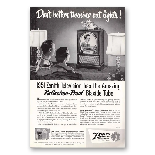 1950 Zenith Television Reflection Proof Blaxide Tube Vintage Magazine Print Ad