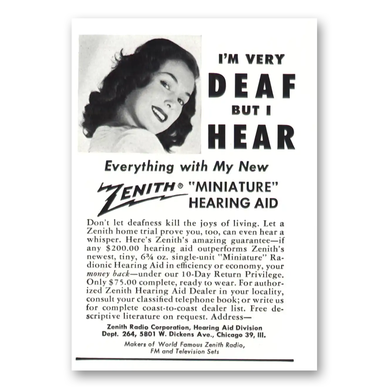 1950 Zenith Hearing Aid Miniature Hearing Aid I'm Very Deaf Vintage Magazine Print Ad