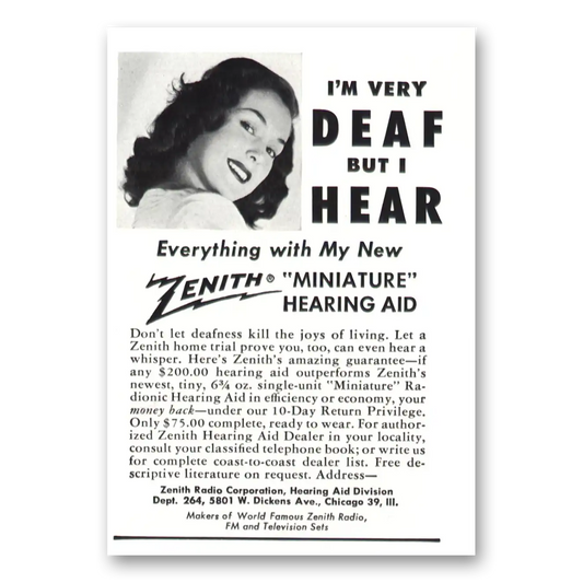 1950 Zenith Hearing Aid Miniature Hearing Aid I'm Very Deaf Vintage Magazine Print Ad