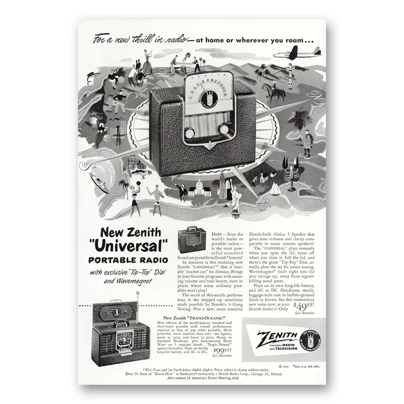 1950 Zenith Radio Universal Portable Radio Tip Top Dial Vintage Magazine Print Ad