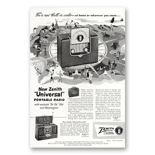 1950 Zenith Radio Universal Portable Radio Tip Top Dial Vintage Magazine Print Ad