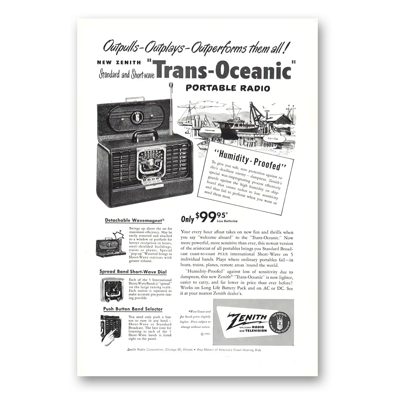 1950 Zenith Radio Outpulls Outplays Vintage Magazine Print Ad