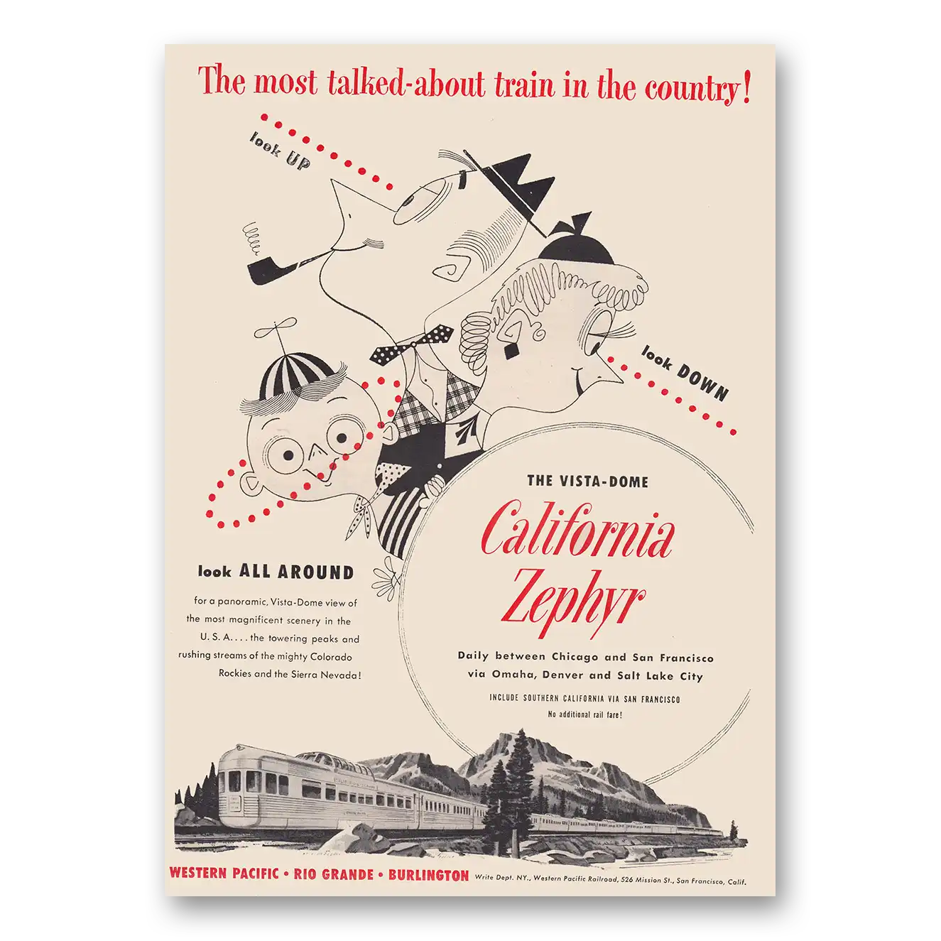 1950 California Zephyr Look Up Look Down Vintage Magazine Print Ad