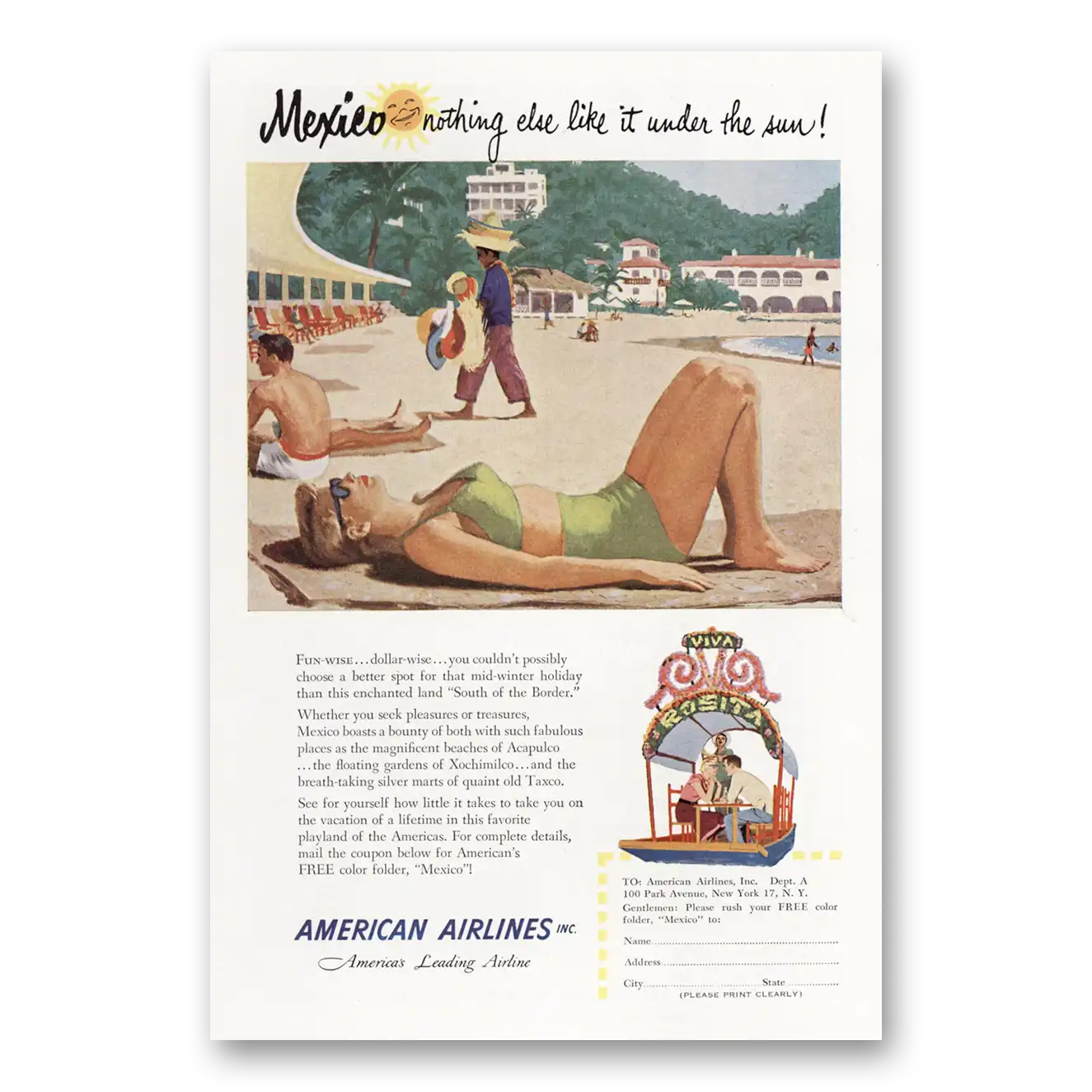 1951 American Airlines Mexico Viva Rosita Vintage Magazine Print Ad