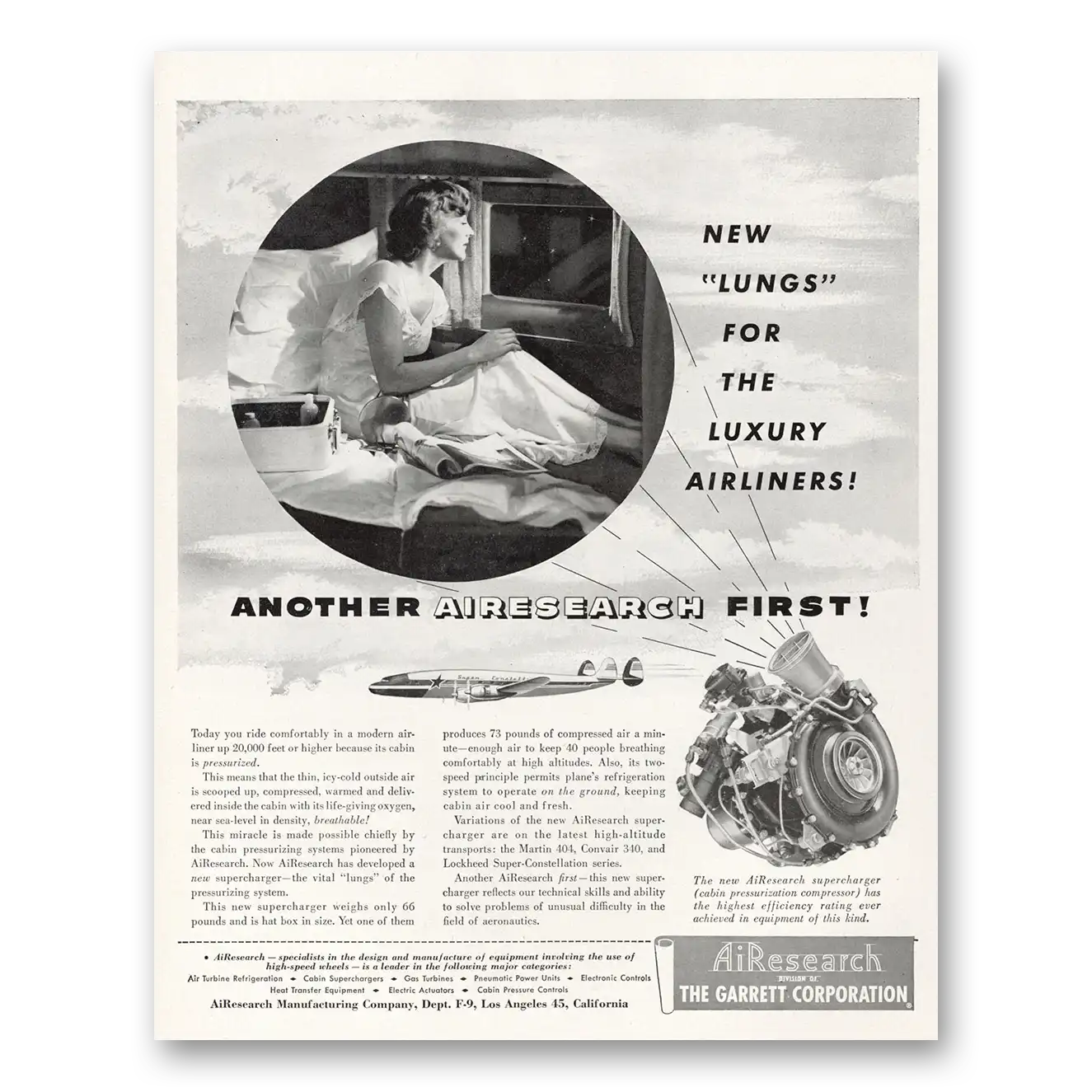 1951 Garrett AiResearch New Lungs for the Luxury Airliners Vintage Magazine Print Ad