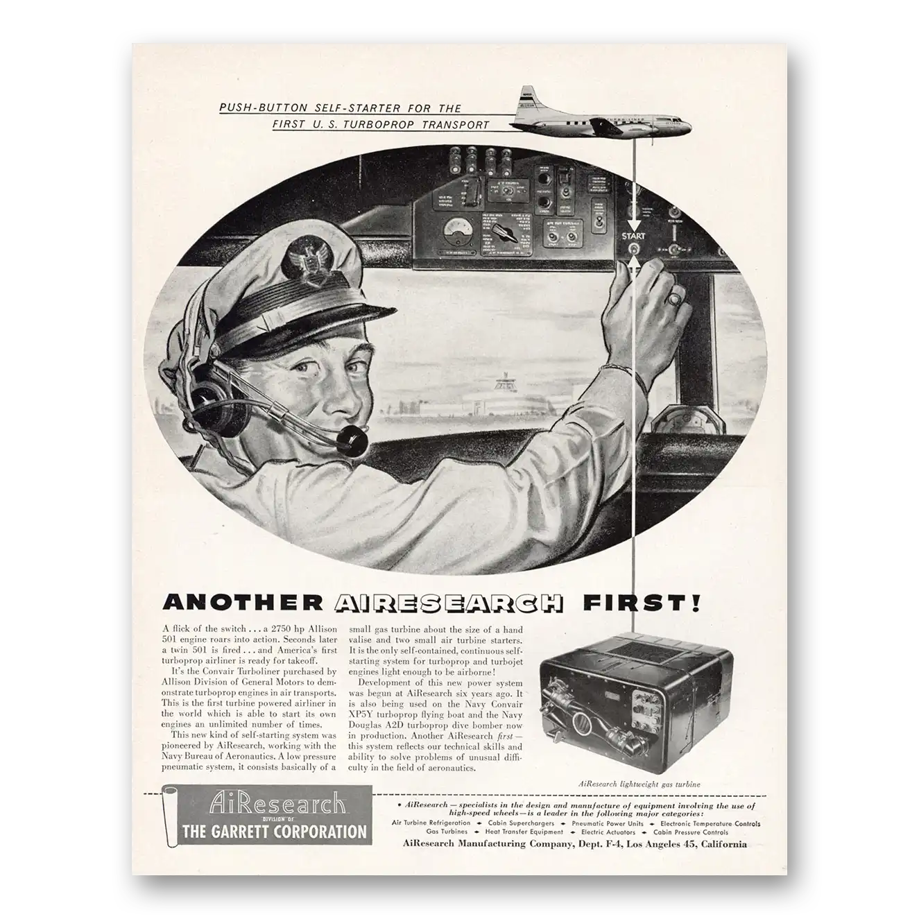 1951 Garrett AiResearch Push Button Self Starter US Turboprop Transport Vintage Magazine Print Ad