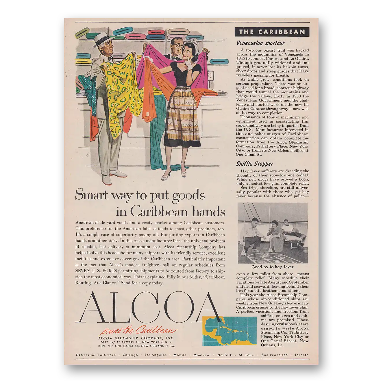 1951 Alcoa Smart Way to Put Goods in Caribbean Hands Vintage Magazine Print Ad