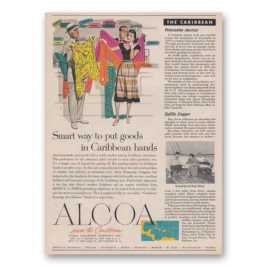 1951 Alcoa Smart Way to Put Goods in Caribbean Hands Vintage Magazine Print Ad