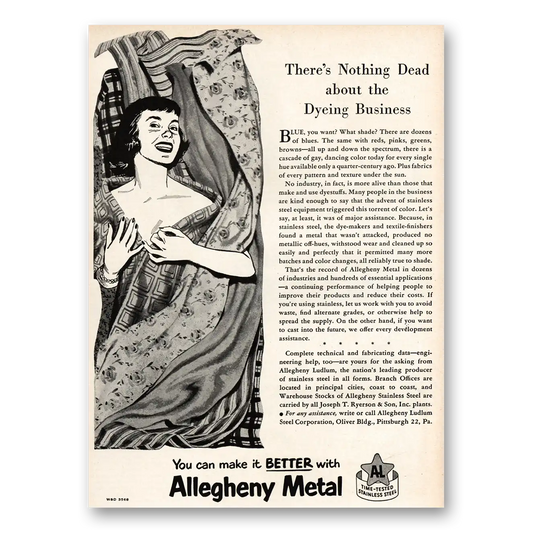 1951 Allegheny Metal Nothing Dead About Dyeing Business Vintage Magazine Print Ad