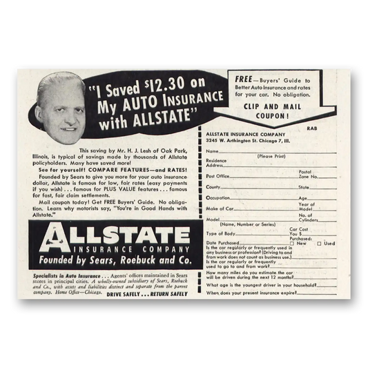 1951 Allstate Insurance I Saved Auto Insurance Vintage Magazine Print Ad