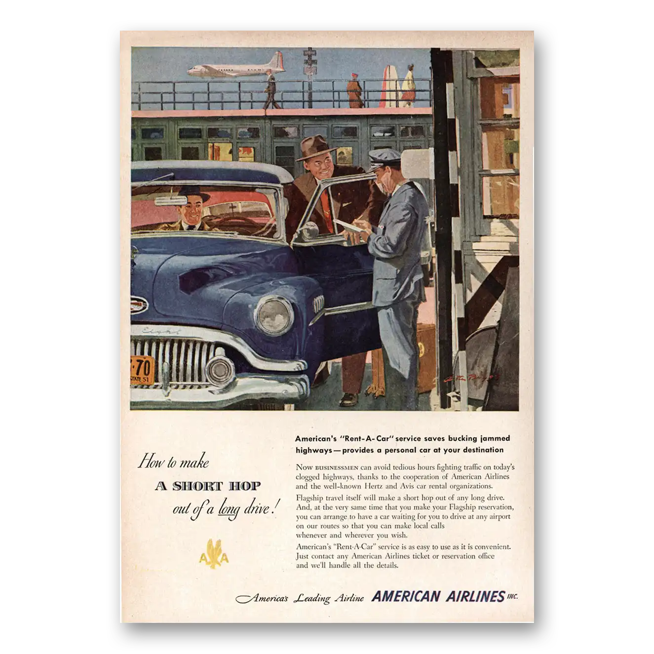 1951 American Airlines Make Short Hop Out of Long Drive Vintage Magazine Print Ad