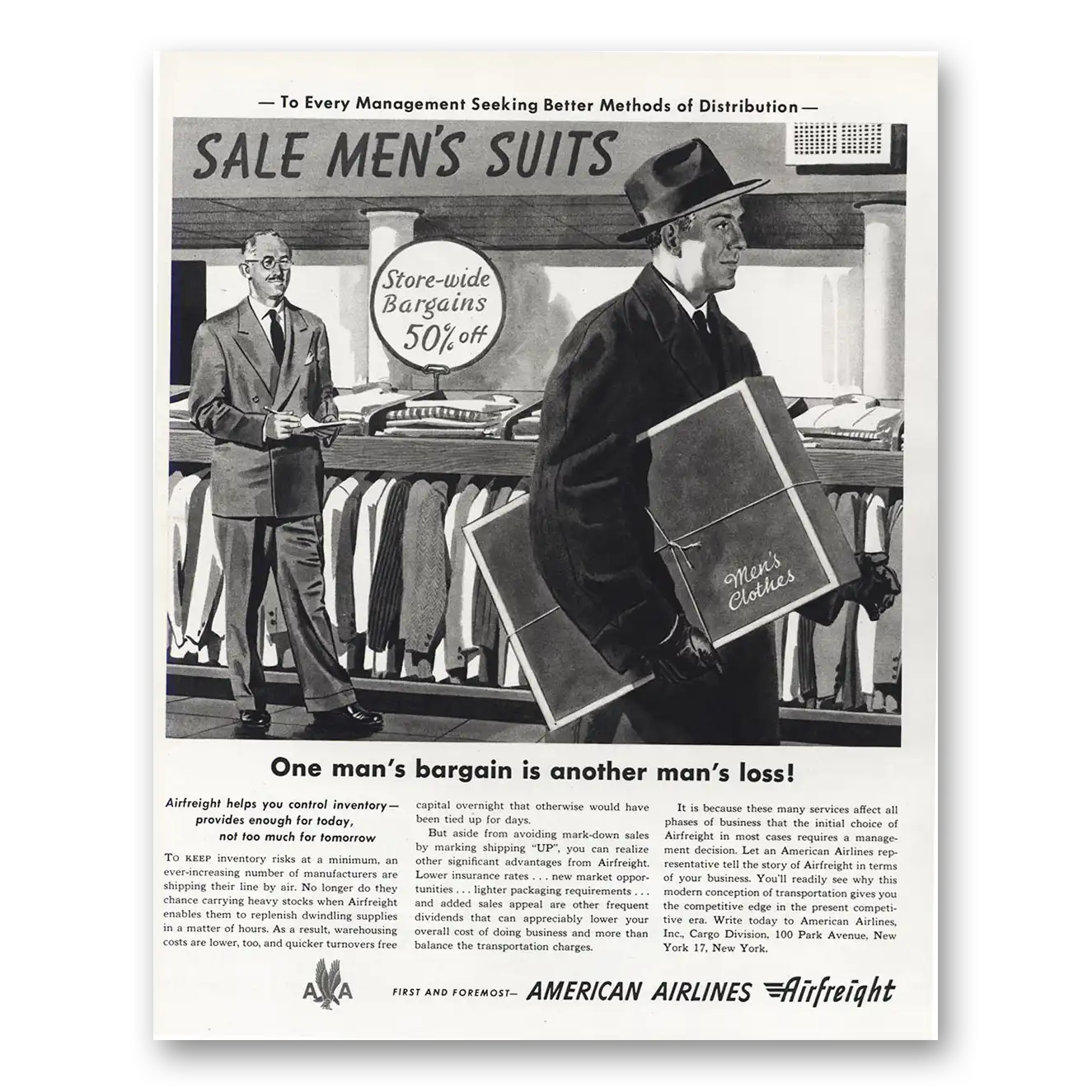 1951 American Airlines Air Freight One Mans Bargain Is Another Mans Loss Vintage Magazine Print Ad