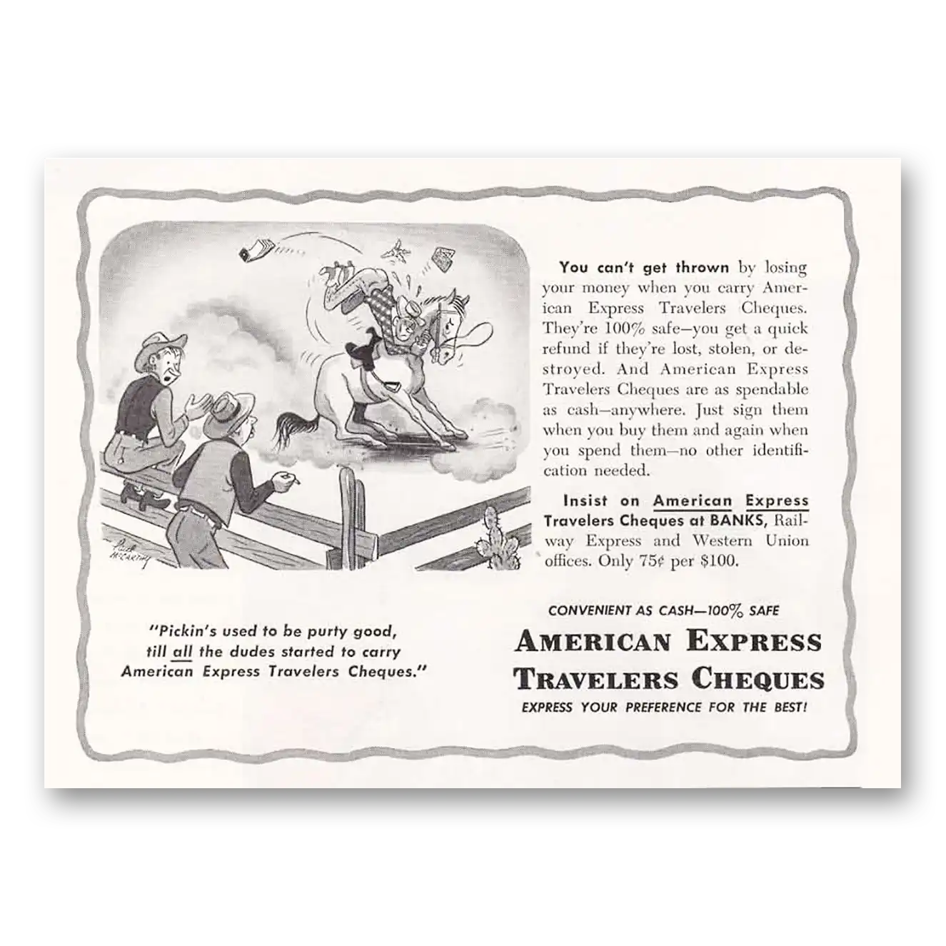 1951 American Express Pickins Used to Be Purty Good Till All the Dudes Vintage Magazine Print Ad