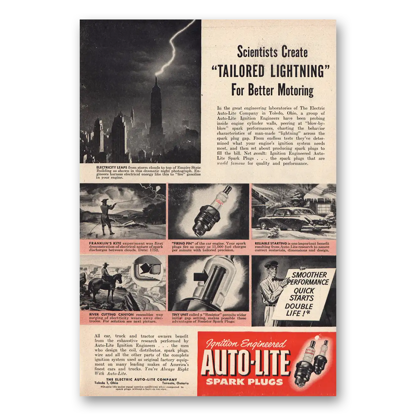 1951 Autolite Spark Plugs Tailored Lightning for Better Motoring Vintage Magazine Print Ad