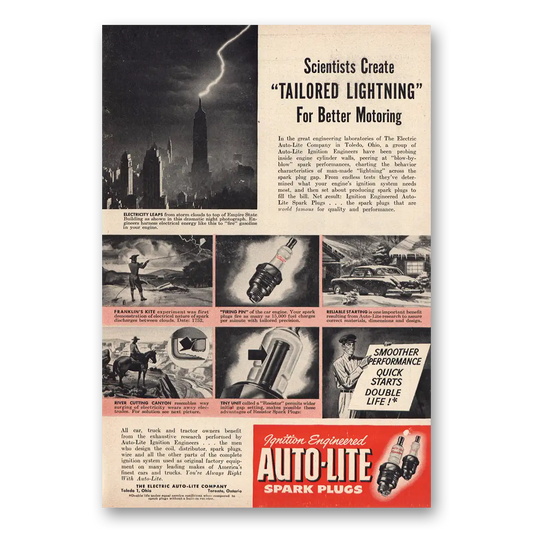 1951 Autolite Spark Plugs Tailored Lightning for Better Motoring Vintage Magazine Print Ad