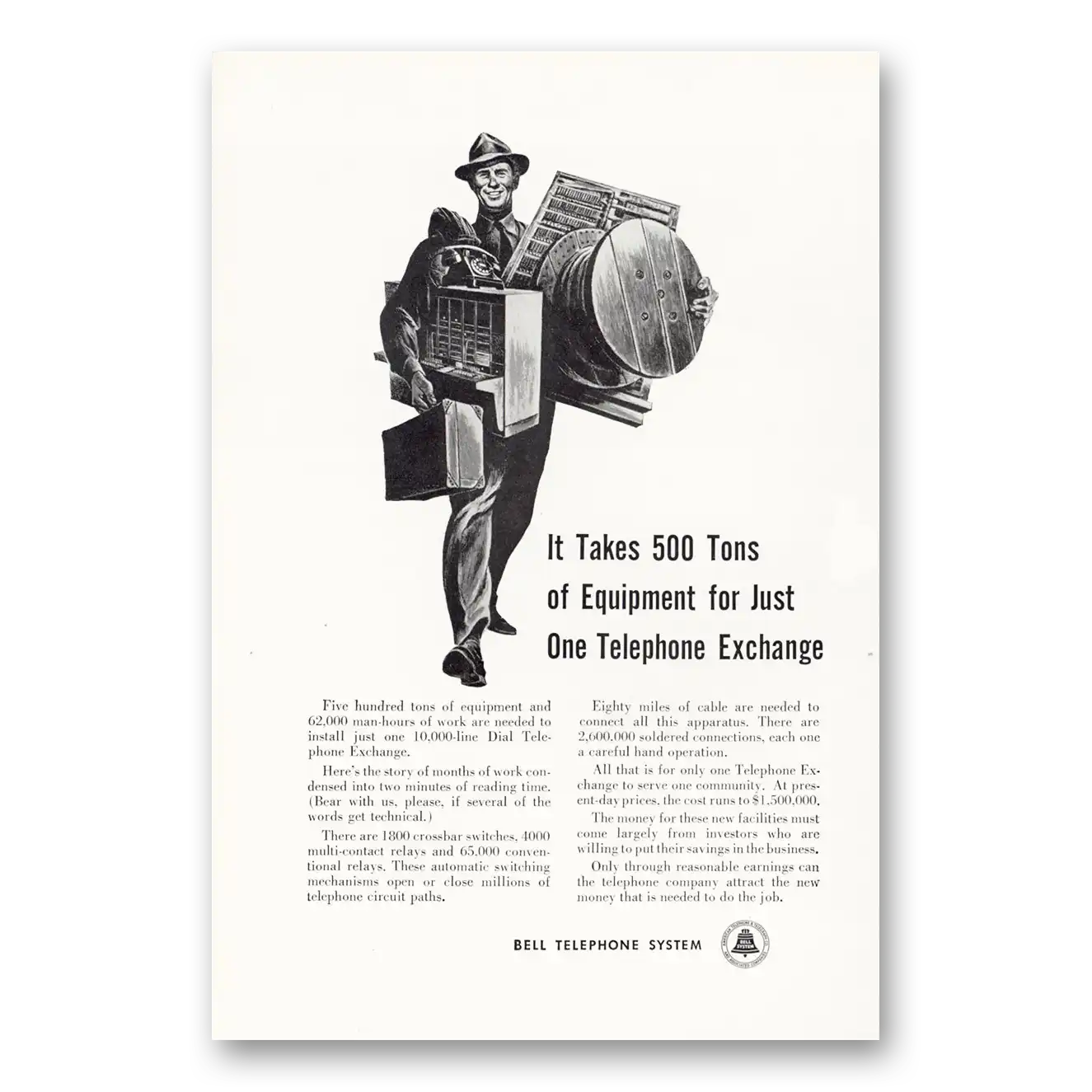 1951 Bell Telephone Takes 500 Tons of Equipment Vintage Magazine Print Ad