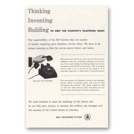 1951 Bell Telephone Thinking Inventing Building Vintage Magazine Print Ad