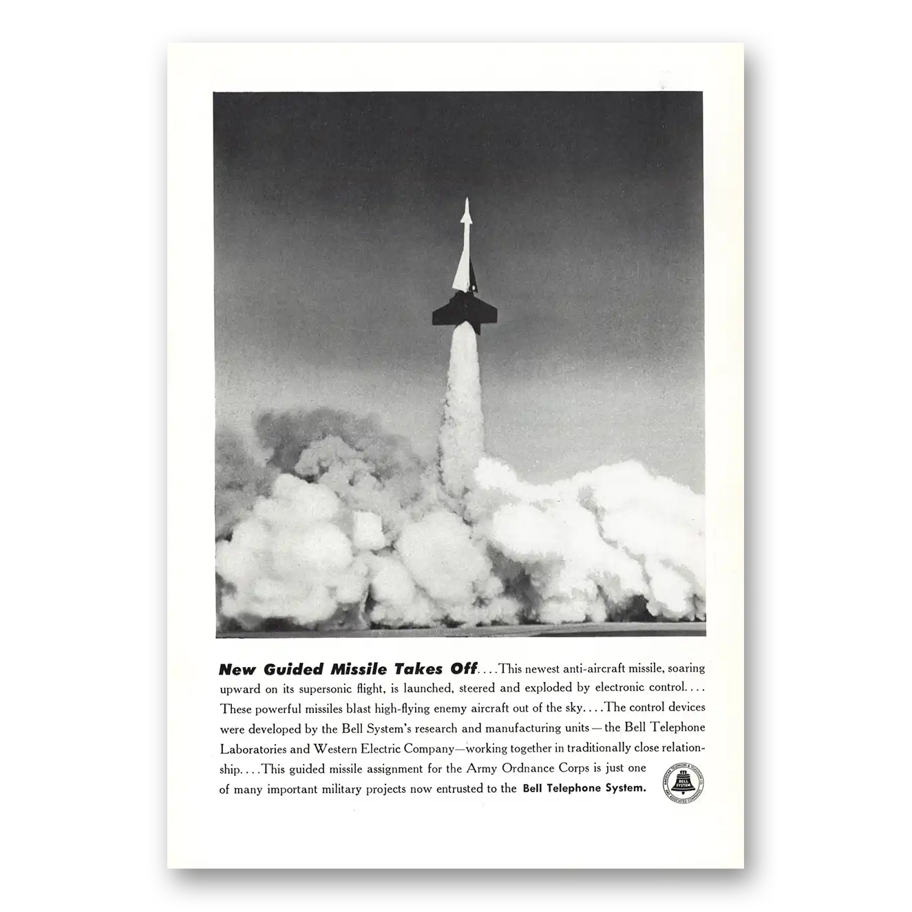 1951 Bell Telephone New Guided Missile Takes Off Vintage Magazine Print Ad