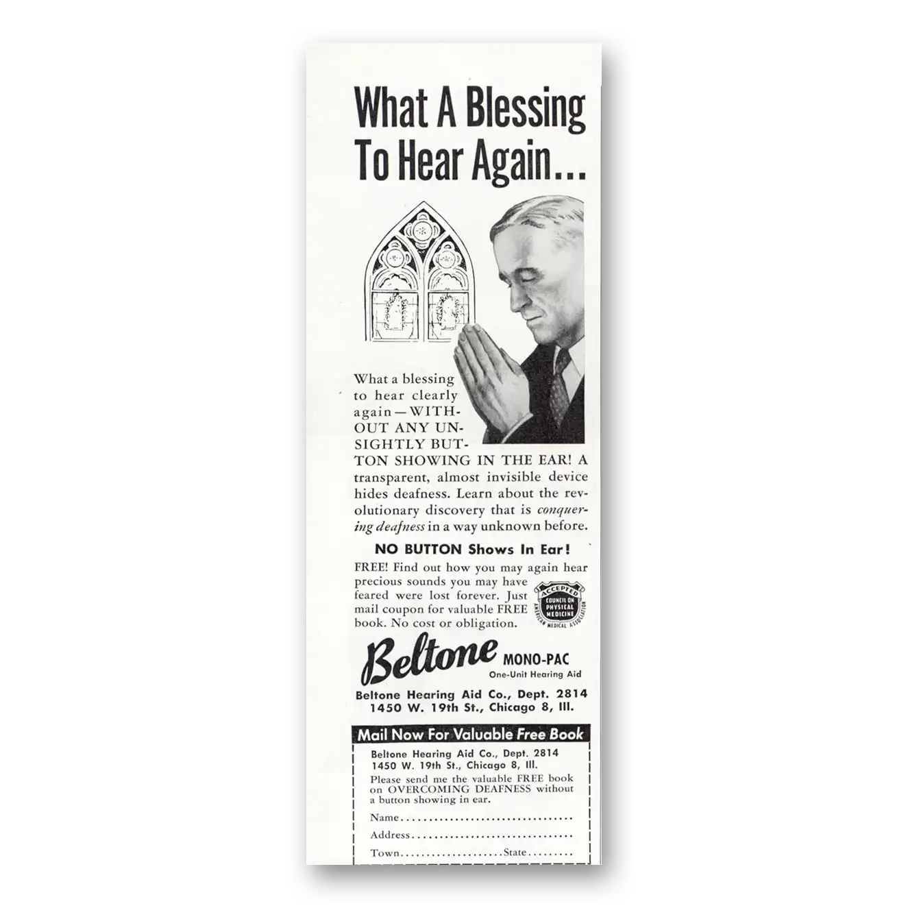 1951 Beltone Hearing Aid What a Blessing to Hear Again Vintage Magazine Print Ad