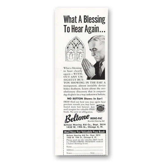 1951 Beltone Hearing Aid What a Blessing to Hear Again Vintage Magazine Print Ad