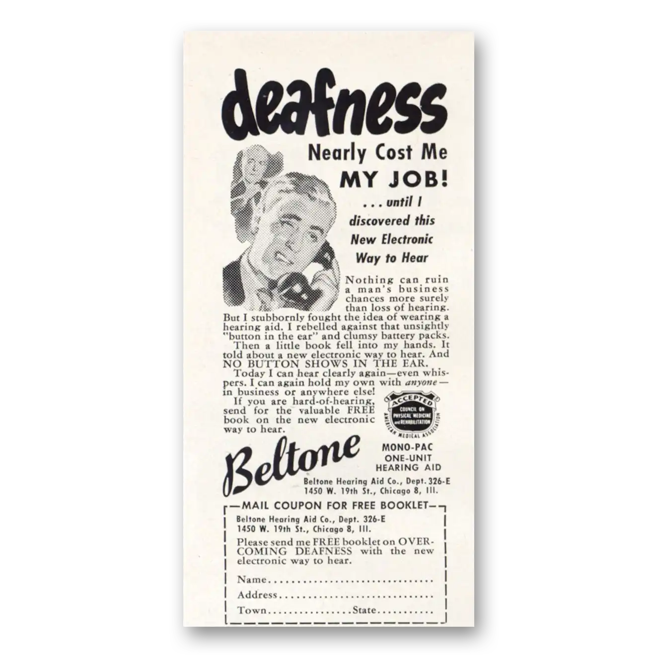 1951 Beltone Hearing Aid Deafness Nearly Cost Me My Job Vintage Magazine Print Ad