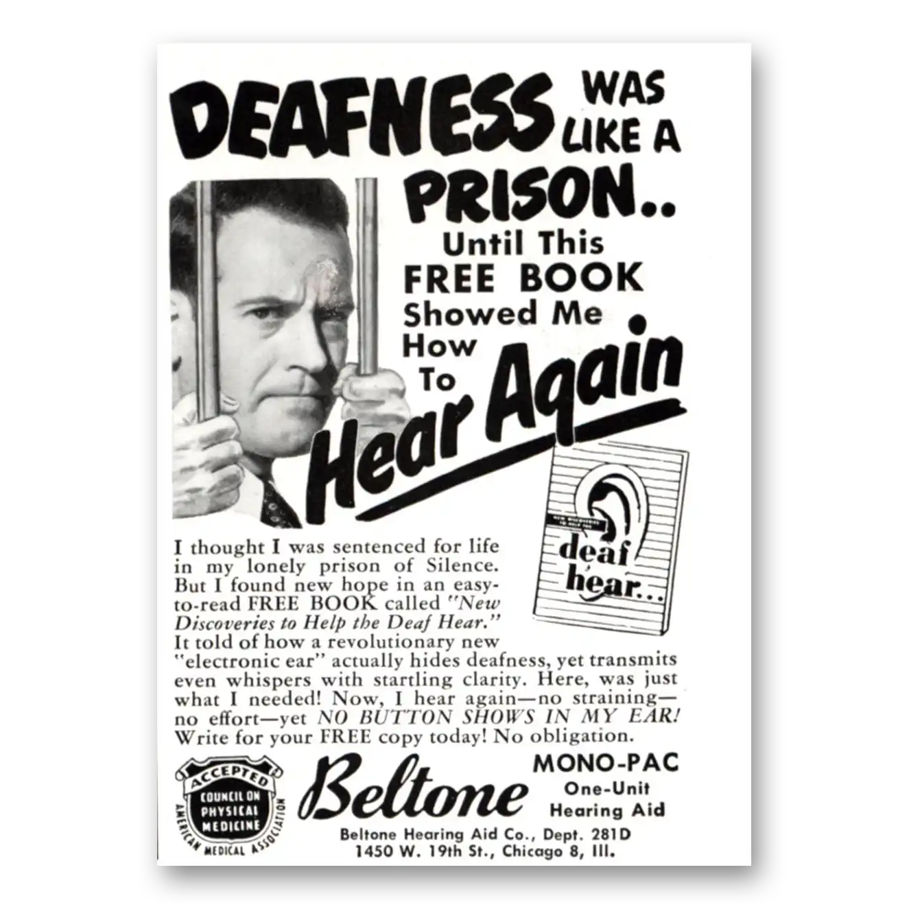 1951 Beltone Hearing Aid Deafness Was Like a Prison Vintage Magazine Print Ad