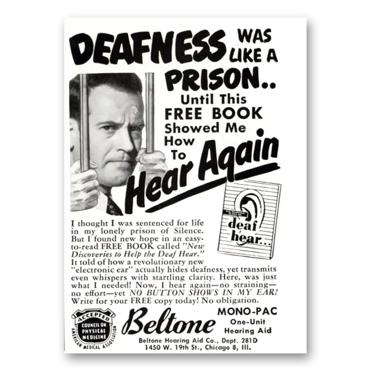 1951 Beltone Hearing Aid Deafness Was Like a Prison Vintage Magazine Print Ad