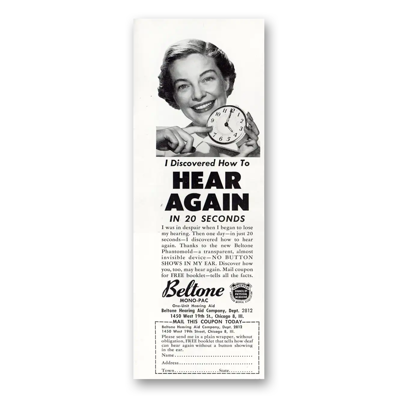 1951 Beltone Hearing Aid Hear Again in 20 Seconds Vintage Magazine Print Ad