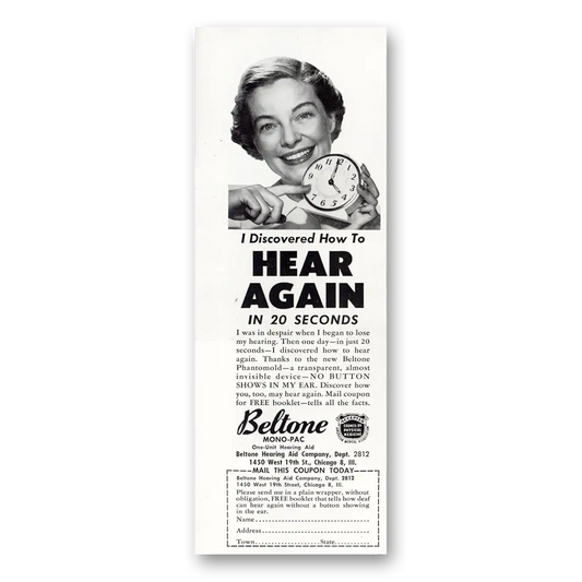 1951 Beltone Hearing Aid Hear Again in 20 Seconds Vintage Magazine Print Ad