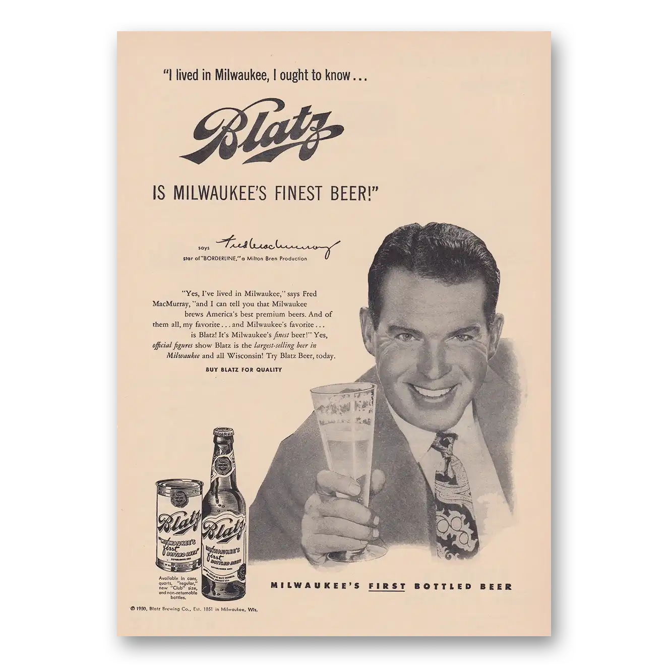 1951 Blatz Beer Fred MacMurray Borderline Vintage Magazine Print Ad